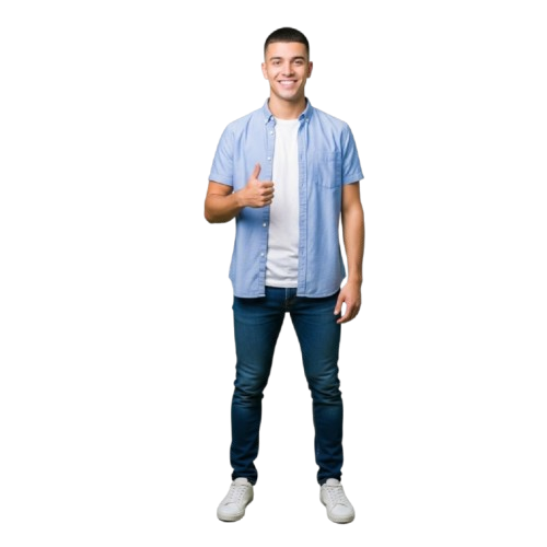 Fahrschule Teke - Führerschein Klasse - Ein lächelnder Mann in blauem Hemd und Jeans zeigt den Daumen nach oben (Ganzkörperaufnahme vor transparentem Hintergrund).